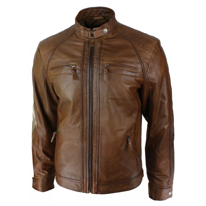 Men Retro Style Zipped Biker Jacket, Men's Real Leather Soft Brown Casual Jacket