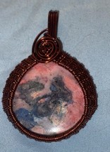 Necklace Pendant  Stone Crystal Rhodonite Black Pink wrapped Copper Wire 2” H - $9.49