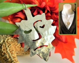 Stylized Leaf Face Green Man Silver Tone Metal Pendant Abstract Nature - $21.95