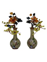 Antique Chinese Cloisonné Vase Gemstones Stones  Flowers Metal Enamel Birds Pair - £384.90 GBP