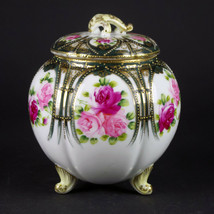 Maple Leaf Nippon Biscuit Jar, Large Roses w Gold Beading, Antique c.1900 7&quot; - £231.02 GBP