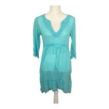 Antica Sartoria Dress Womens Medium Aqua Cotton Embroidered Boho Beach D... - $10.90