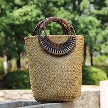 22 style straw bag rattan wooden handle retro woven bag bucket bag large vacatio - £74.50 GBP