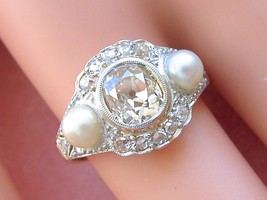 Antique 1.25ct Champagne Mine Cushion Diamond Pearl Cocktail Ring c1900 Size 9 - £4,169.68 GBP