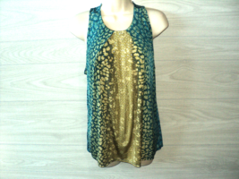 Worthington Tank Top Women&#39;s Size L Teal and Tan Printed Sequins Sleeveless - $11.56