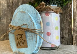 2 Pcs Light Blue Egg Tiered Tray Rustic Wood With Egg Hunt Tag #MNHS - $15.98