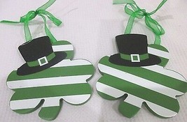 St Patrick&#39;s Day White Green Stripe Shamrock Ornaments Decorations Set of 2 - £11.07 GBP