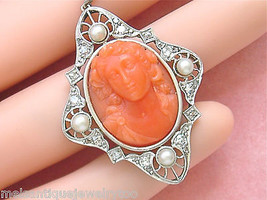 Antique .5ctw Diamond Pearl Carved Red Coral Goddess Portrait Cameo Pendant 1910 - £1,867.60 GBP