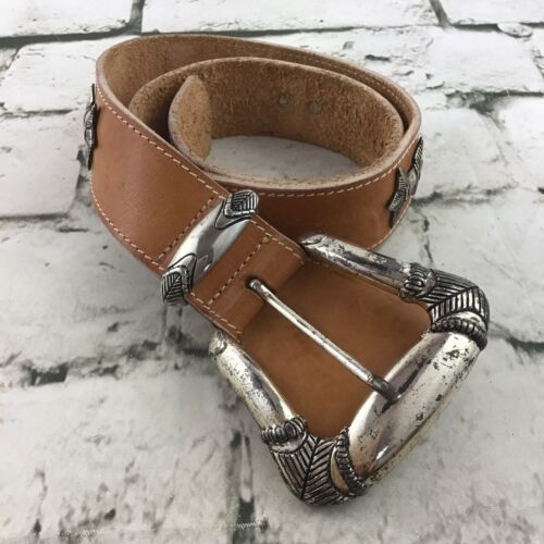 Primary image for Womens Sz S Belt Western Silver-Tone Buckle Studded Rodeo Tan Faux Leather 