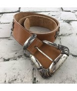 Womens Sz S Belt Western Silver-Tone Buckle Studded Rodeo Tan Faux Leather  - £11.66 GBP