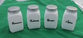 New Milk White Glass Spice Jars Set Printed Arch Art Deco Shakers Metal Tops - £24.12 GBP