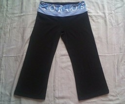 Lululemon Women Black Capri Yoga Leggings Blue Patterned Waist Band Size 4 EUC - £14.22 GBP