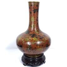 Vintage Chinese Cloisonné Floral Enamel Flower Bud Vase and Wooden Pedes... - £57.12 GBP