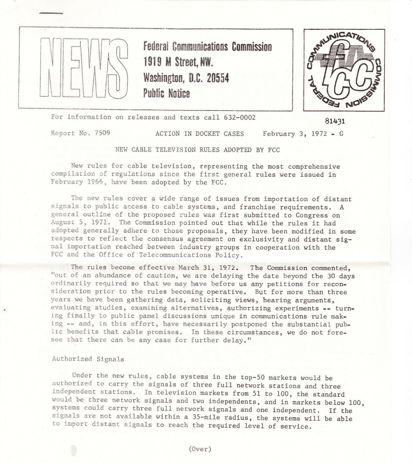 FCC NEWS 2/72 &amp; 10/72 + TUNE IN ON THE WONDERFUL WORLD OF CABLE TV 1969 ... - $2.00