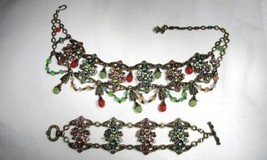 Rhinestone Floral Beaded Choker Necklace &amp; Bracelet Set Sweet Romance C3506 - £117.91 GBP
