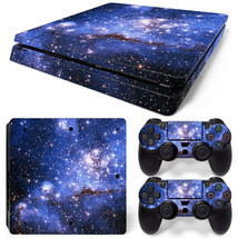 PS4 Slim Skin Console &amp; 2 Controllers Blue Space Vinyl Decal Wrap - £10.43 GBP