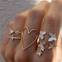 Vintage Bohemian Ring Sets Heart Butterfly Gold Rings Crystal Geometric Knuckle  - £3.11 GBP+