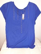 NEW Women&#39;s WD-NY 3X Blue with Bronze Stud Embellishments Short Sleeve Blouse - £18.90 GBP
