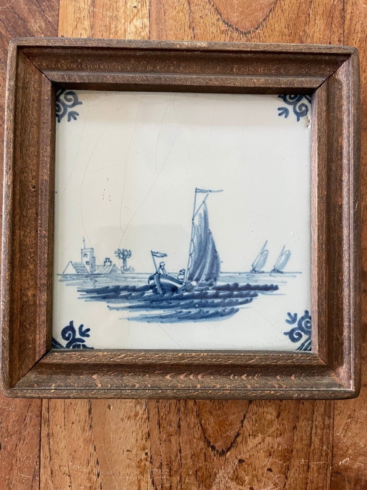 Framed antique delft makkum blue and white tile : sailboat scene - $50.00