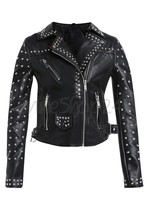 New Women Black Punk Rock Silver Rounded Studded Outfitter Brando Leather Jacket - £143.87 GBP