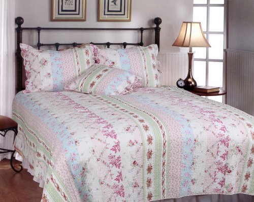 [Pink Rosary] 100% Cotton 2PC Classic Floral Vermicelli-Quilted Quilt Set (Twin