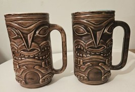 Two Vintage Brown Tiki Mugs /w Handles 5.75&quot; Different design on Sides C... - £28.04 GBP