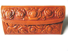 Leather Wallet Mexican Tooled Flowers Mirror Credit Cards Coin Purse Tan... - £19.60 GBP