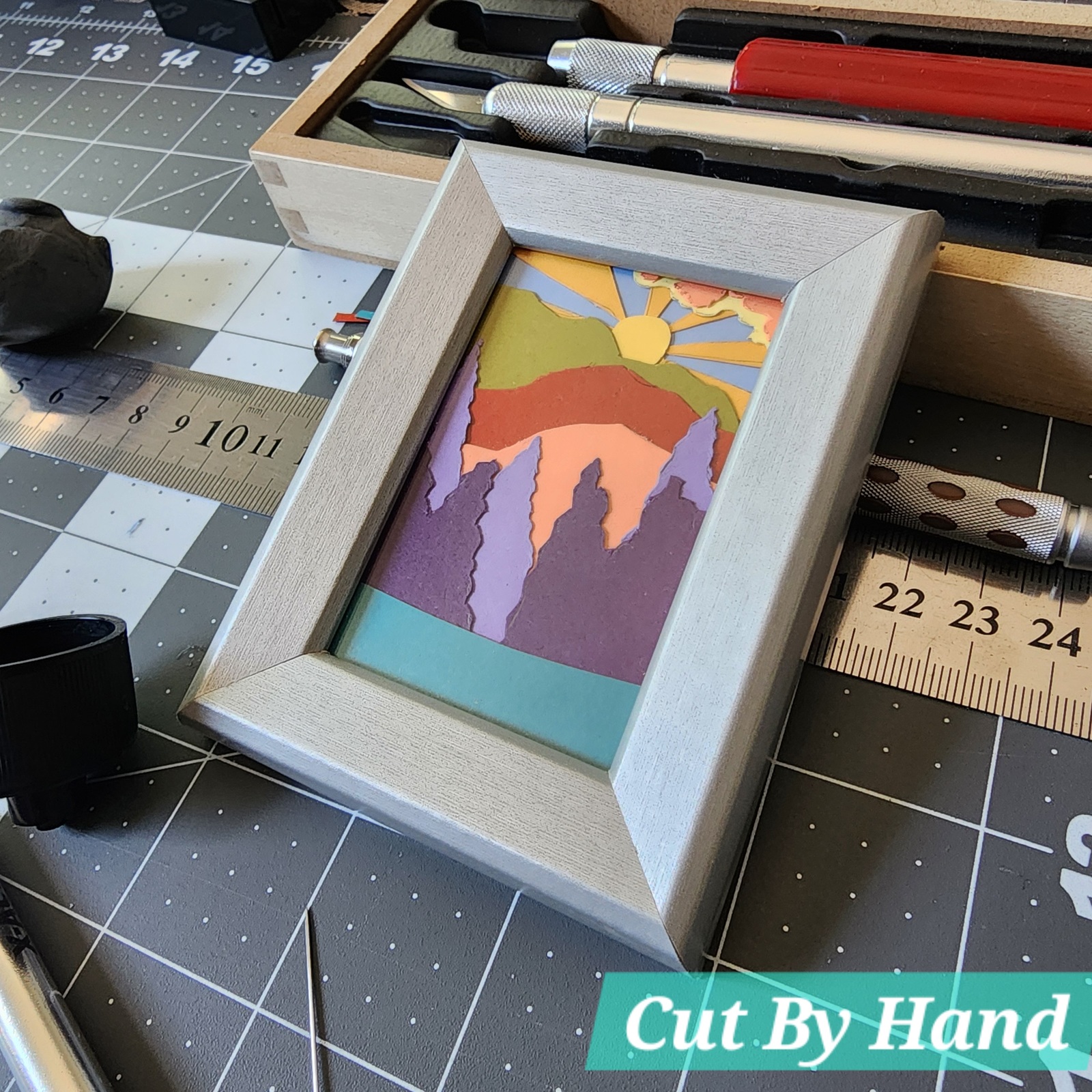 Original Hand Cut Scrap Mini Papercraft - Sunrise Mountain Art w/ Silver... - $35.00