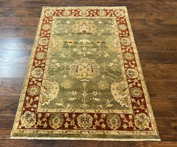 Indo Oushak Rug 4x6, Green and Maroon, Vintage Wool Floral Rug, Indian Agra Rug - £675.67 GBP
