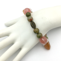 UNAKITE stone bead bracelet - gold-tone rose quartz carnelian colorful c... - £7.27 GBP