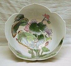 Old Vintage Oriental H.F.P Macau Decorative Bowl Painted Floral Ribbed Scalloped - £15.56 GBP