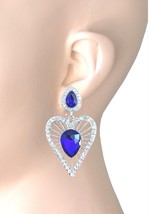 2.25&quot; Royal Blue Crystals Clear Rhinestones Fun Dainty Party Heart Earrings - £10.64 GBP