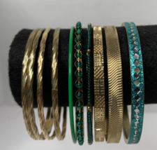 10 Pc Vintage Bangle Bracelet Set 6 Patterned Gold Tone 4 Green Blue Accented - £3.90 GBP