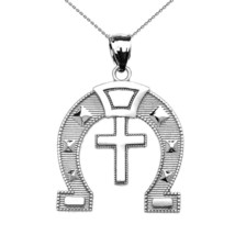 Sterling Silver Religious Cross Horse Shoe Good luck Horseshoe Pendant Necklace - £23.97 GBP+