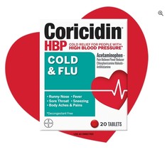 Coricidin HBP Cold & Flu: Nose, Aches, Sneeze, Fever Medicine 20 Tabs 7/24 Bayer - $7.39
