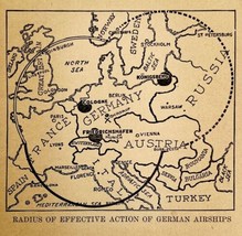 1914 WW1 Print German Airship Attack Radius Art Antique Military Collect... - £27.05 GBP