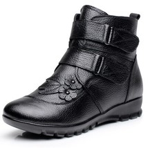 OUKAH Winter Genuine Leather Ladies Ankle Boots Women 2021 Black Flat flower Wat - £46.81 GBP