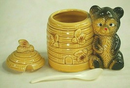 Armbee Beehive Bear Honey Pot Ceramic Lidded Honey Jar w Spoon Japan Vin... - £23.65 GBP