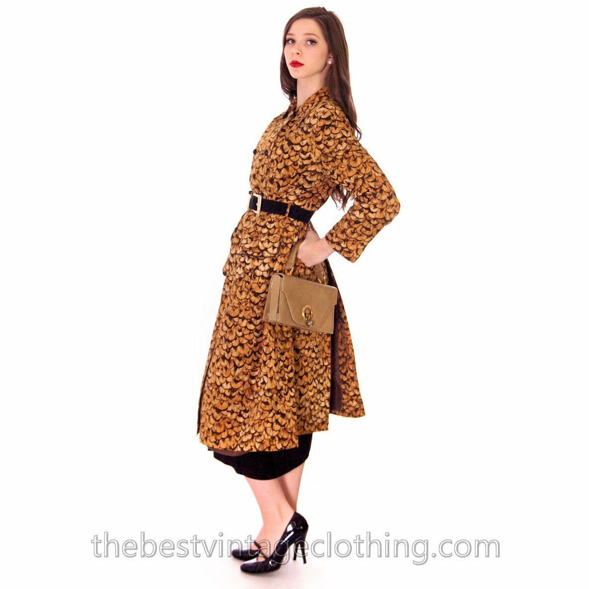 Rare VTG 60s 70s Jeanne Lanvin Mob Wife Feather Print Trench Coat L Feather Item image 3