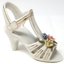 Fashion Heel Shoe Floral Figurine Gold Rimmed Open Toe Ceramic Vintage - £9.07 GBP