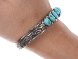 Vintage Native American Sterling/turquoise heavy stamped cuff bracelet y - £431.59 GBP