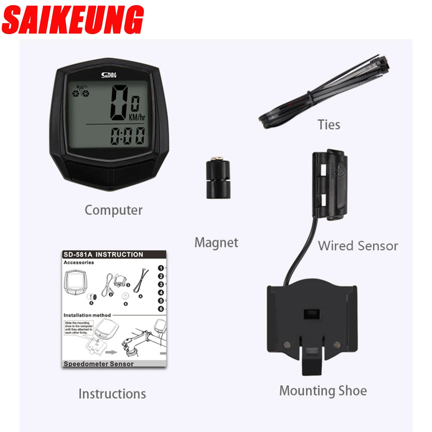 SaiKeung Bicycle Accessories Waterproof Wired Digital Bike Ride Speedometer Odom - £77.78 GBP