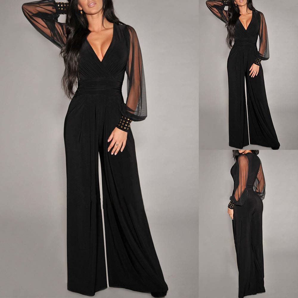 V Neck Mesh Stitching RivetSstraight Leg Jumpsuit - $29.95