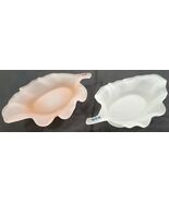 Set of 2 Vintage Frosted Glass Leaf Trinket Jewelry Plates Pink White - $14.84