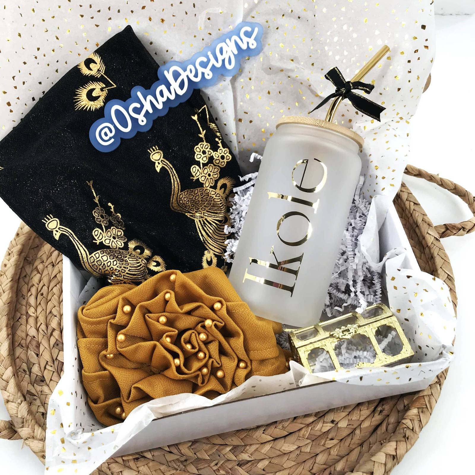 Oshun Ibu Kole Gift Box Dark Yellow Hat Black and Gold Scarf Glass Tumbl... - $39.99