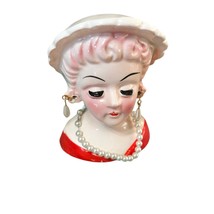 Vintage Mini Lady Head Vase Pink Hair Faux Pearls Earrings 1950&#39;s Red Planter - £51.21 GBP
