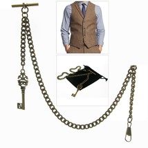 Albert Chain Pocket Watch Chain Bronze Ancient Key Design Fob T Bar Men Gift 130 - £13.69 GBP