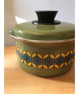 Vintage 70s Enamelware Pot and Lid - MCM Green with Blue &amp; Yellow Flowers - $30.00
