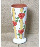 Floral Terracotta Pottery Pedestal Vase 6 3/4 Inch Hand Painted Whimsica... - £23.57 GBP