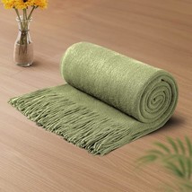 Olive Green Knitted Blanket With Tassels Fringe 50&quot; X 60&quot;, Super Soft Knit Throw - £32.42 GBP